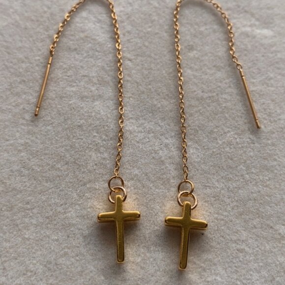 Gold Cross Threader Earrings - Picture 3 of 4